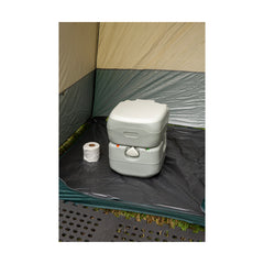 White | Companion Streamline Portable Toilet. Set Up in Tent - Lid Closed.