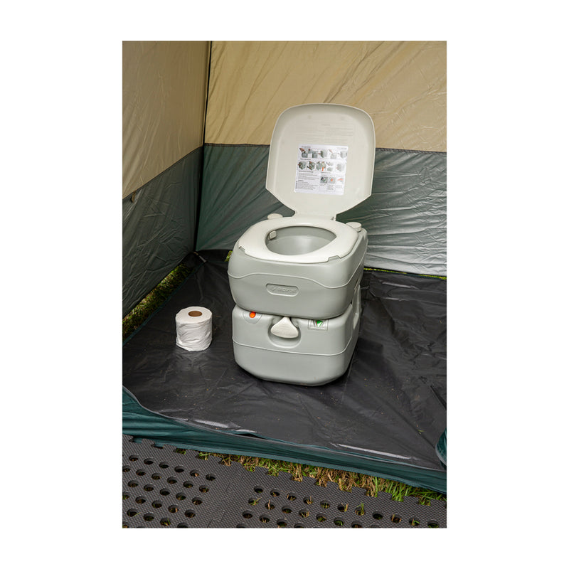 White | Companion Streamline Portable Toilet. Set Up in Tent - Lid Open.  