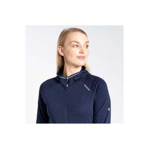 Navy | Craghoppers NosLife Milanta Womens Hooded Top Image Showing Close Up Front View Of The Zip, Hood Down.