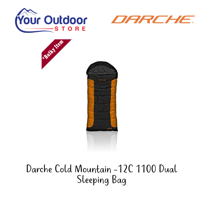 Darche Cold Mountain -12C 1100 Dual Sleeping Bag. Hero Image Showing Logos and Title. 