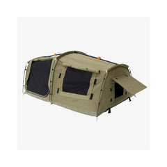 1400 / Khaki | Darche Dirty Dee Swag With 70mm Mattress Image Showing End Of The Swag With Window Awning Out.