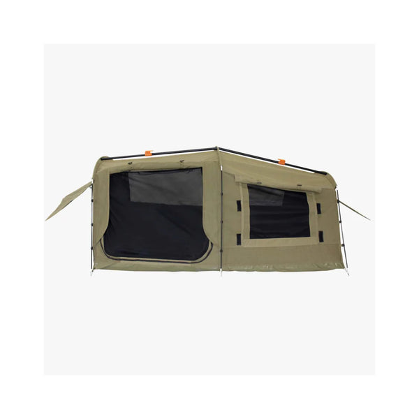 1400 / Khaki | Darche Dirty Dee Swag With 70mm Mattress Image Showing Side View, Fly Screens Down, Canvas Rolled Up On Doors And Windows.