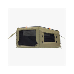 1400 / Khaki | Darche Dirty Dee Swag With 70mm Mattress Image Showing Side View, Fly Screens Down, Canvas Rolled Up On Doors And Windows.