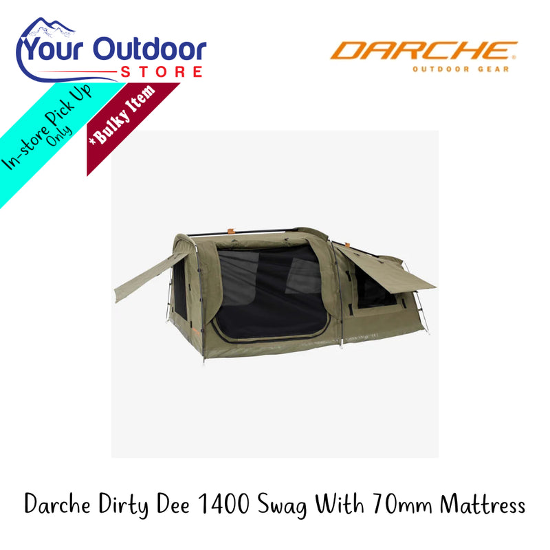 Darche Dirty Dee 1400 Swag With 70mm Mattress | Hero Image Showing All Logos And Titles. 