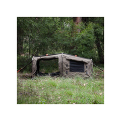 1400 / Khaki | Darche Dirty Dee Swag With 70mm Mattress Image Showing Side Very Of The Swag Set Up On A Camp Ground.