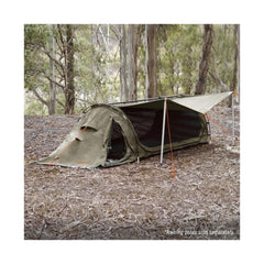 1100+ / 1400+ | 1100+ Darche Dusk To Dawn Swag With 70mm Mattress Image Showing Swag Set Up In The Bush, With Awning Poles Attached (Sold Separately).