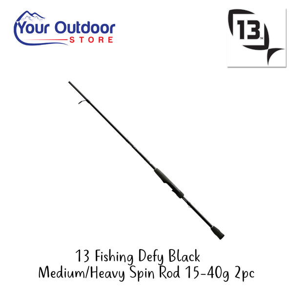 Defy Black Medium-Heavy Spin Rod 15 - 40g 2pc | Hero Image Showing all Logos And Titles.
