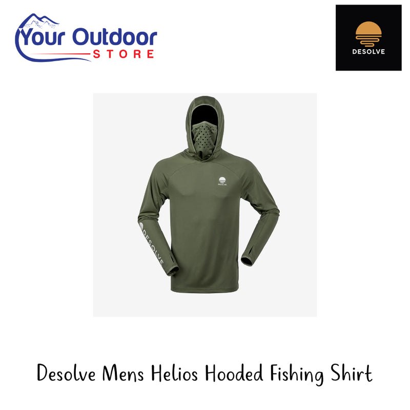 Desolve Mens Helios Hooded Fishing Shirt | Hero Image Showing All Logos And Titles.
