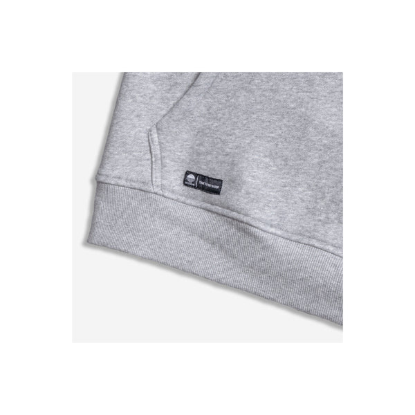 Grey Marle | Desolve Men's Trutta Hoodie Image Showing Close Up View Of The Tag On The Kangaroo Pocket.