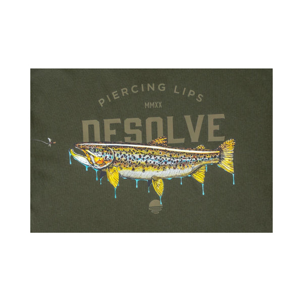 Forest Green | Desolve Piercing Lips Tee Trout Image Showing Close Up View Of The Art work On The Back Of The Tee.