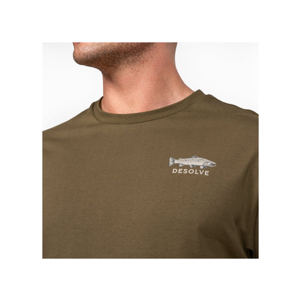 Khaki | Desolve Trutta Tee Image Showing Close Up View Of Small Artwork On Front of The Tee.
