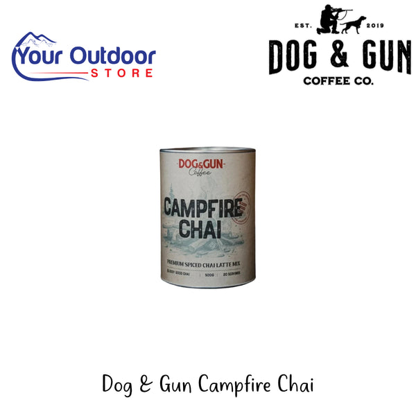 Dog & Gun Campfire Chai | Hero Image Showing All Logos And Titles.