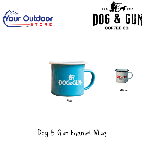 Dog & Gun Enamel Mug | Hero Image Showing All Logos, Titles And Variants.