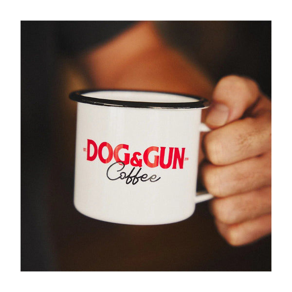 White/350ml | Dog & Gun Enamel Mug Image Showing Mug Being Held.