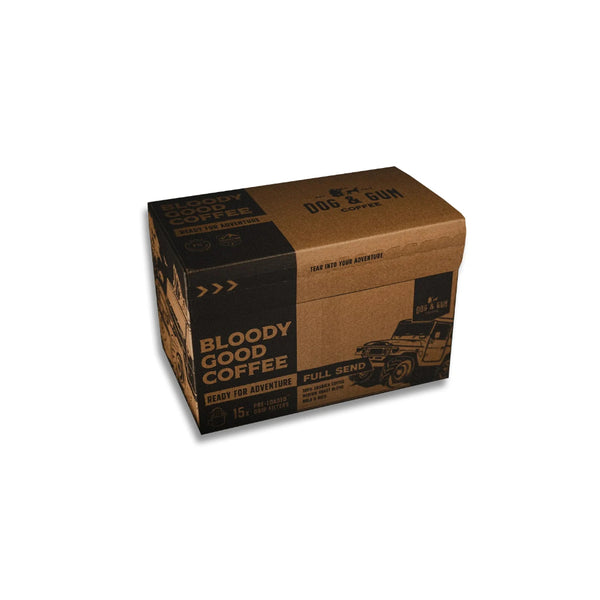 15 Pack | Dog And Gun Full Send Medium Roast Blend Preloaded Drip Filters Image Showing No Logos Or Titles.
