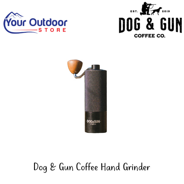 Dog & Gun Coffee Hand Grinder | Hero Image Showing All Logos And Titles.