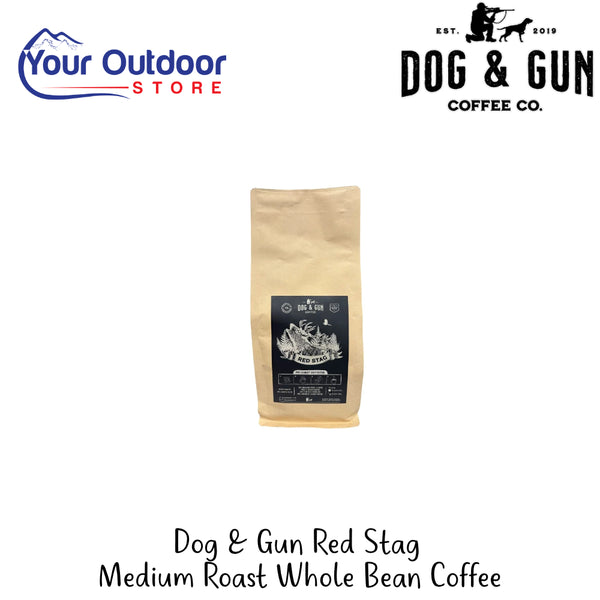 Dog & Gun Red Stag Medium Roast Whole Bean Coffee | Hero Image Showing All Logos And Titles.