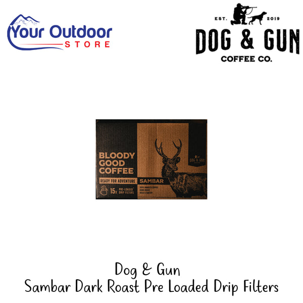 Dog & Gun Sambar Dark Roast Pre Loaded Drip Filters | Hero Image Showing All Logos And Titles.