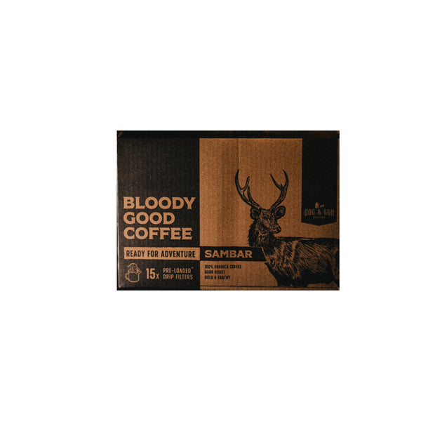 15 Pack | Dog & Gun Sambar Dark Roast Pre Loaded Drip Filters Image Showing No Logos Or Titles.