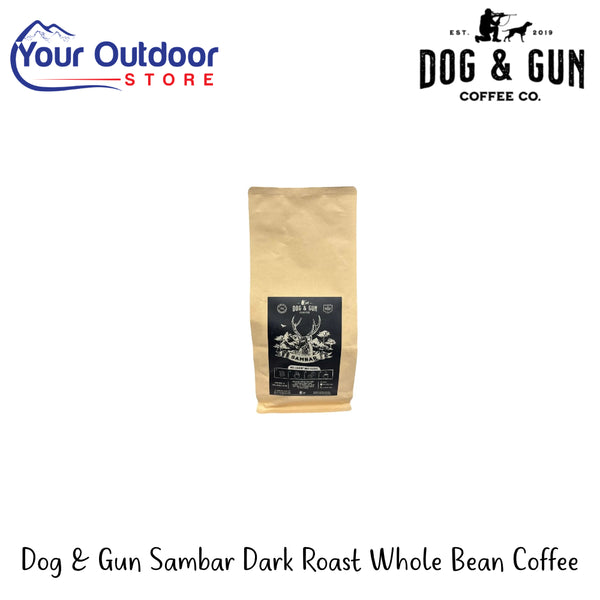Dog & Gun Sambar Dark Roast Whole Bean Coffee | Hero Image Showing All Logos And Titles.