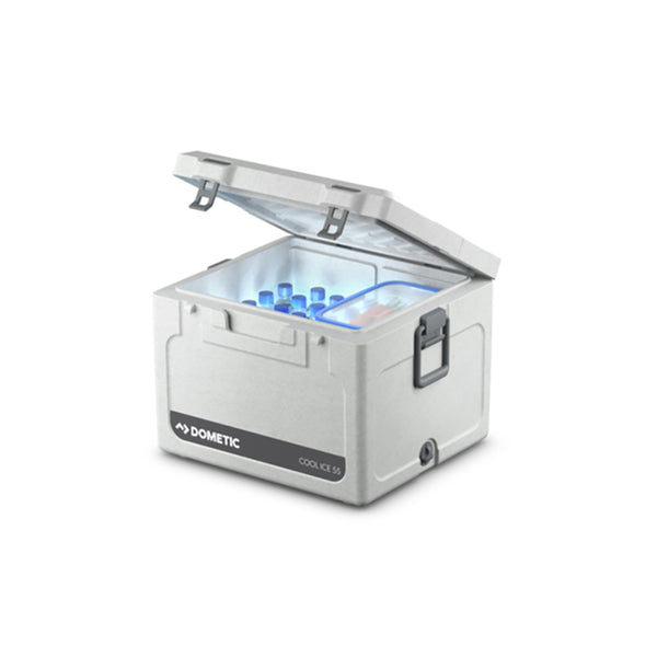Stone | Dometic Cool Ice 56L Rotomoulded Icebox. Shown With Lid Open and Drinks inside.  