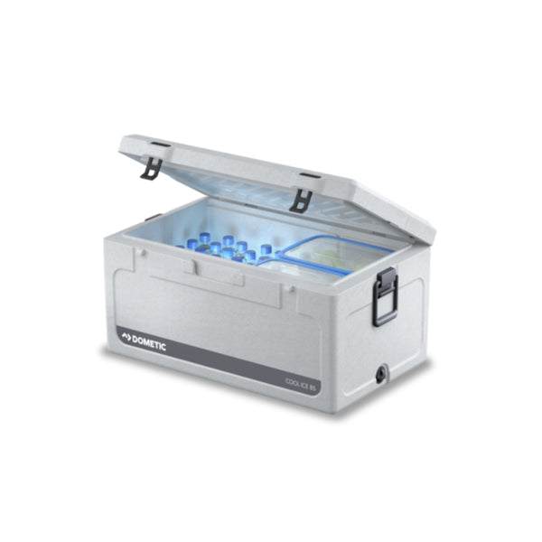 Stone | Dometic Cool Ice 87 L Rotomolded Icebox. Lid Open Showing Contents.