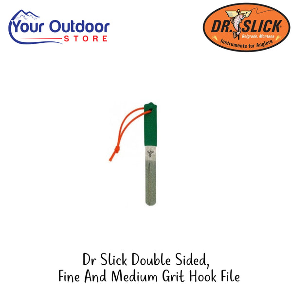 Dr Slick Double Sided Fine And Medium Grit Hook File | Hero Image Showing All Logos And Titles.