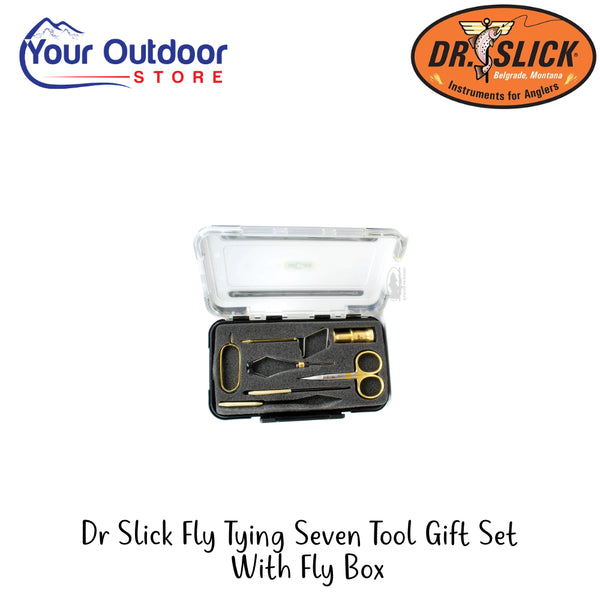 Dr Slick Fly Tying Seven Tool Gift Set With Fly Box | Hero Image Showing All Logos And Titles.