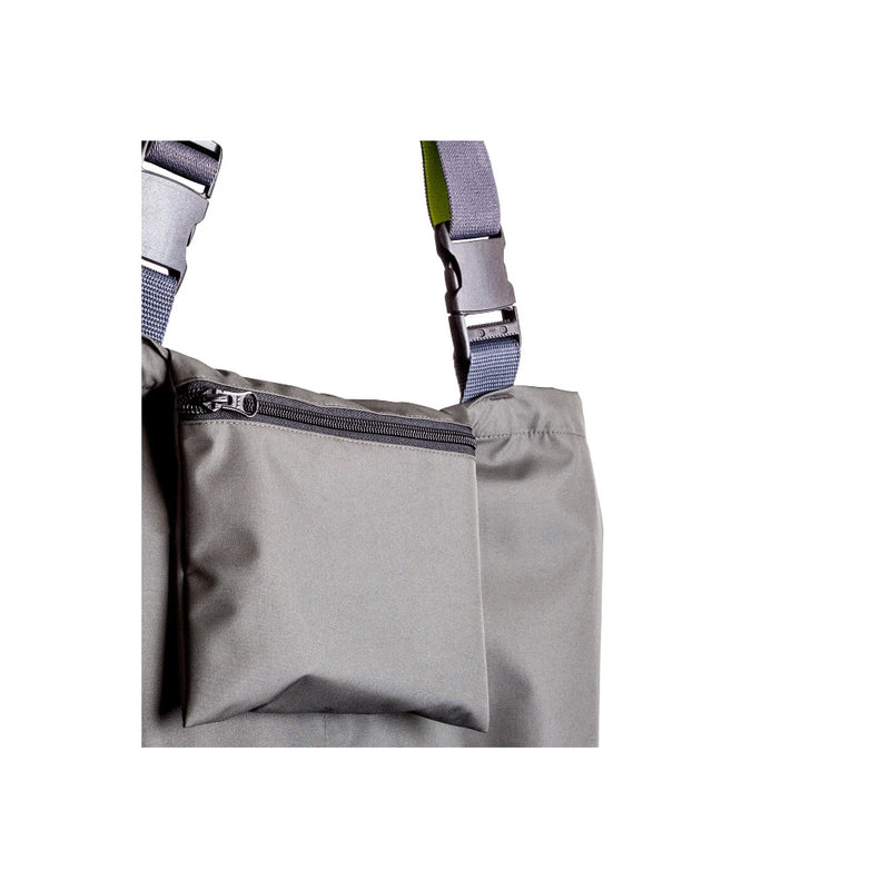 Slate | Desolve Rise Wader Image Showing Close Up Of  Splash Proof Front Zippered Pocket.
