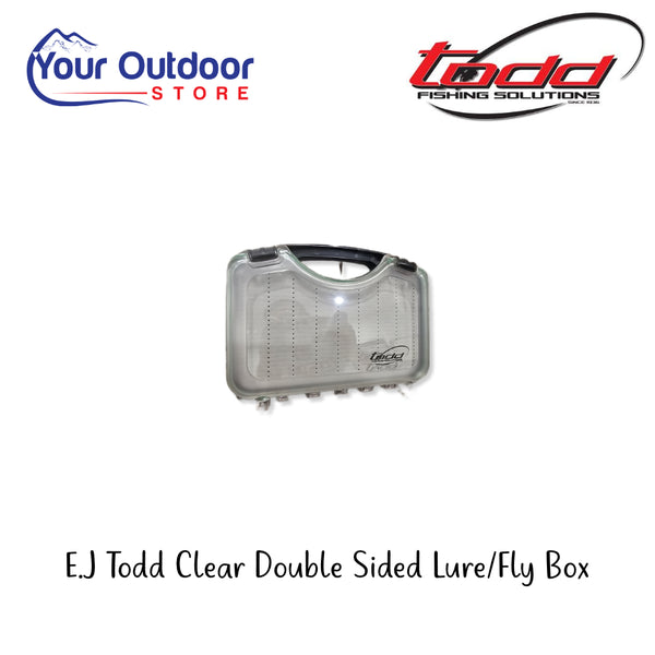 E.J Todd Clear Double Sided Lure/Fly Box | Hero Image Showing All Logos And Titles.