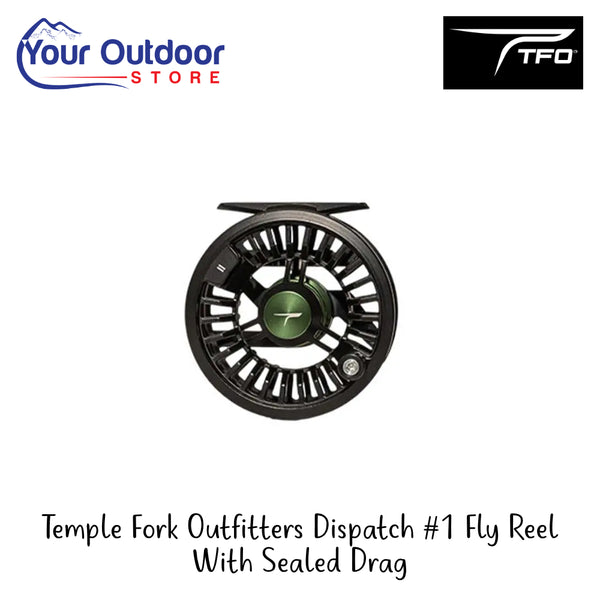 Temple Fork Outfitters Dispatch #1 Fly Reel With Sealed Drag | Hero Image Showing All Logos And Titles.