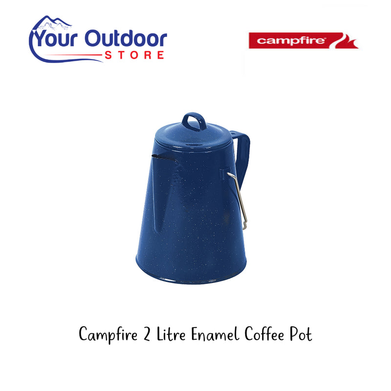 Navy | Campfire 2L Enamel Coffee Pot. Hero Image Showing Logos and Title. 