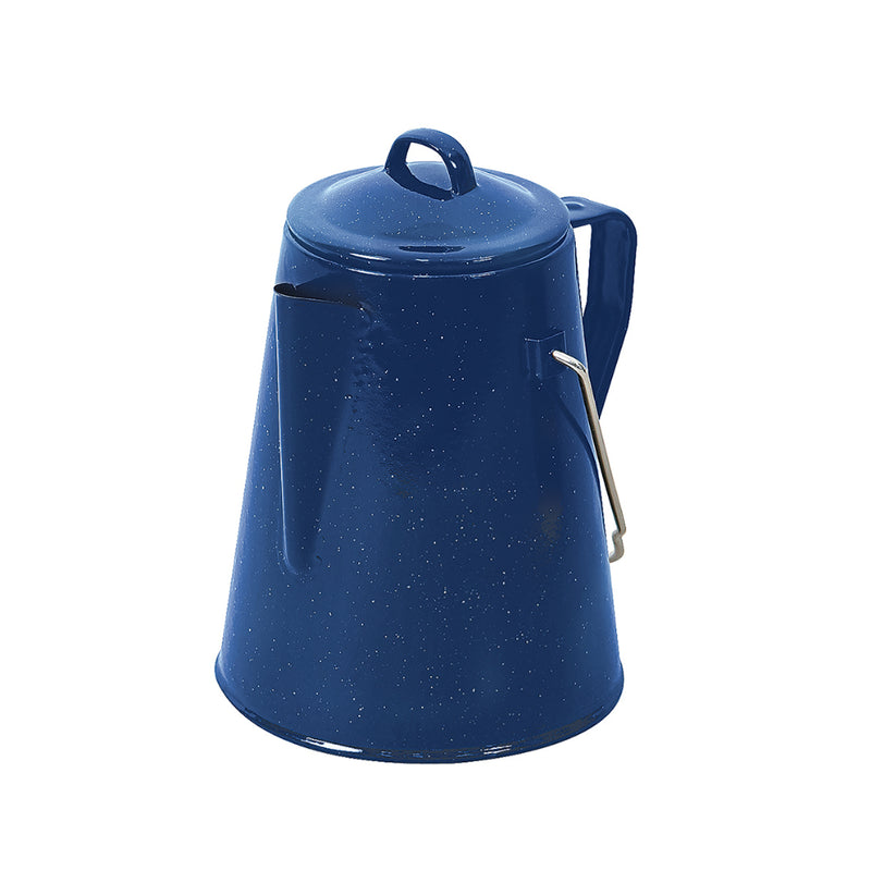 Navy | Campfire Coffee Pot Showing Pour Spout, Lid and Handle. 
