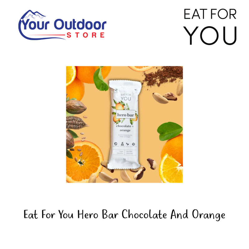 Eat For You Hero Bar - Chocolate and Orange. Hero Image Showing Logos and Title. 