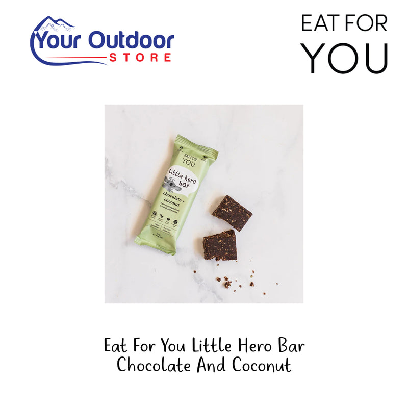 Eat For You Little Hero Bar. Chocolate and Coconut. Hero Image Showing Logos and Title. 