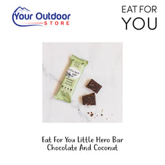 Eat For You Little Hero Bar. Chocolate and Coconut. Hero Image Showing Logos and Title. 