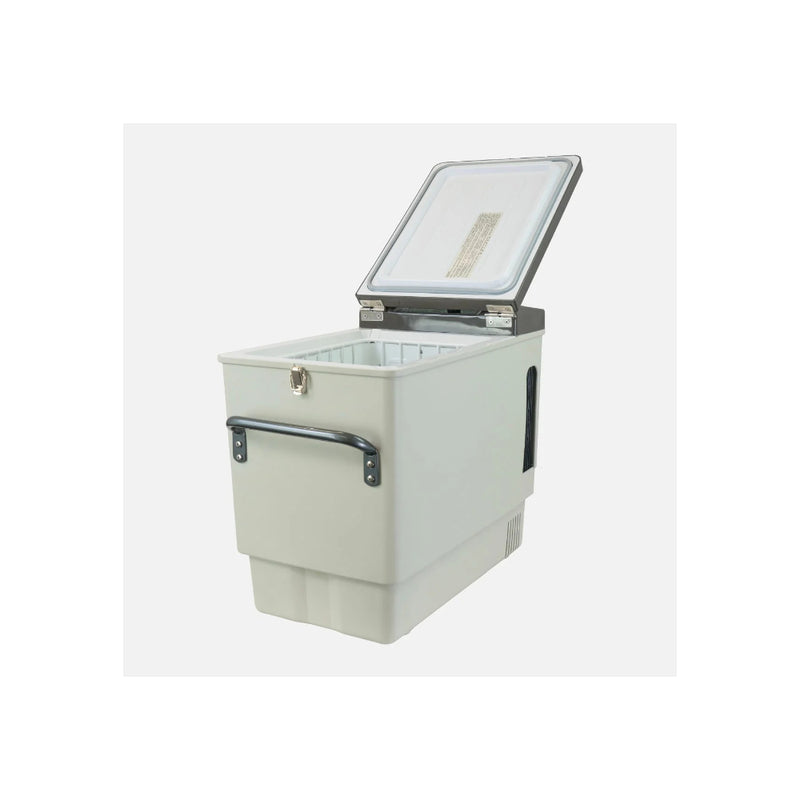 Grey | Engel 21L Portable Fridge-Freezer Image Showing Angled Front View With The Lid Open.