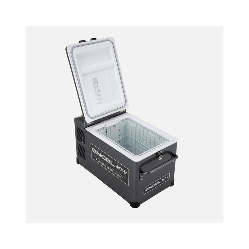 Gun Metal Grey | Engel 32L Portable Fridge Freezer Image Showing Angled Top View, Lid Open , Basket Empty.