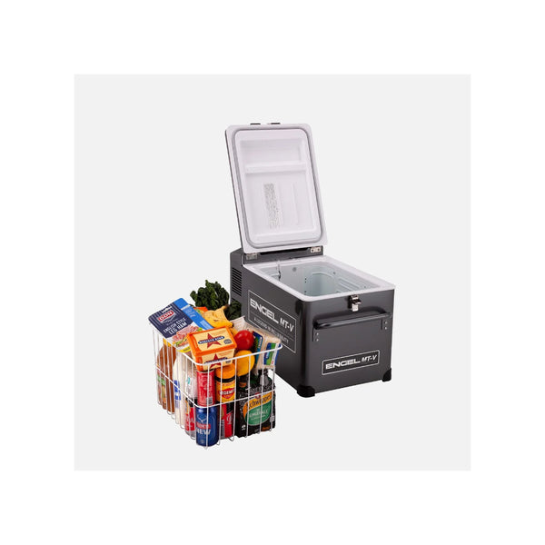 Gun Metal Grey | Engle 32L Portable Fridge Freezer Image Showing Angled Front View Basket Out Full Of Produce.