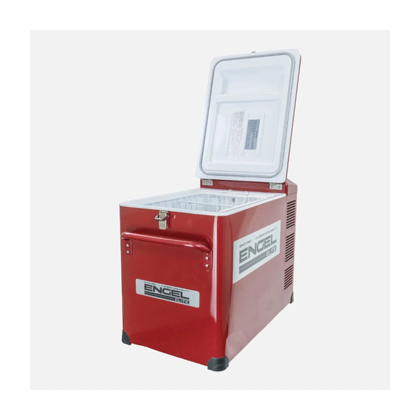 40L / Red | Engel 40L Elite Series Fridge - Freezer Image Showing Angled Front View With Lid Up.