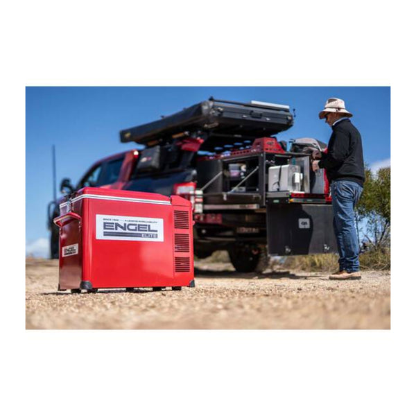40L / Red | Engel 40L Elite Series Fridge - Freezer Image Showing Fridge Out In The Bush.