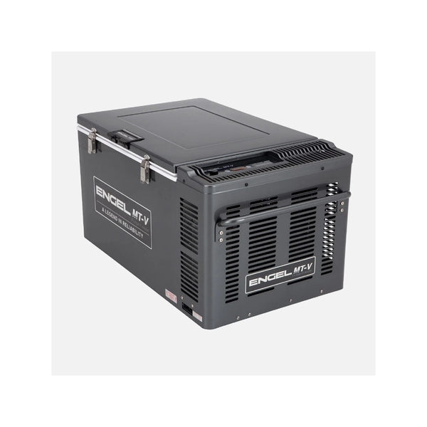Silver | Engel 75L Combi Portable Fridge-Freezer Image Showing Angled Side View.