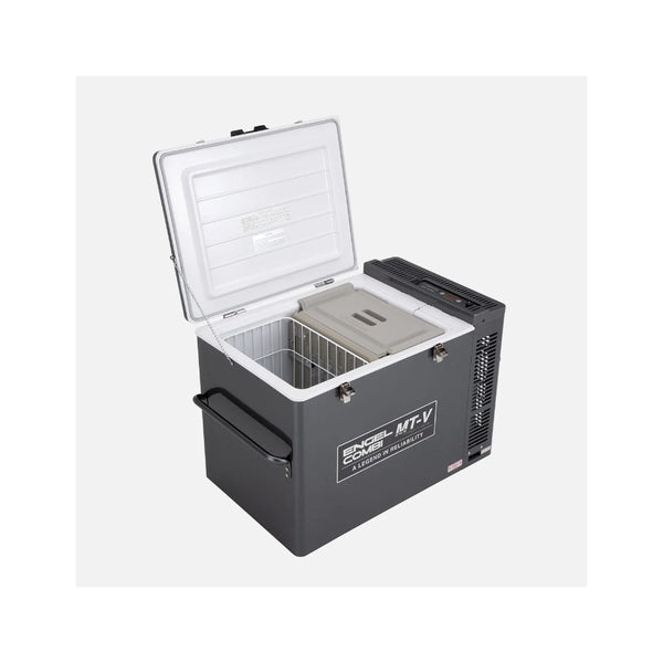 Silver | Engel 75L Combi Portable Fridge-Freezer Image Showing Angled Side View, Lid Open And Baskets In And Empty.