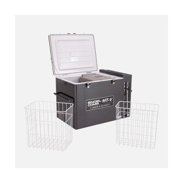 Silver | Engel 75L Combi Portable Fridge-Freezer Image Showing Angled Side View, Baskets Out And Empty.