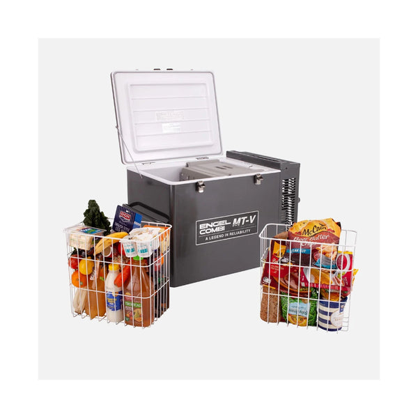 Silver | Engel 75L Combi Portable Fridge-Freezer Image Showing Angled Side View Image Showing Baskets Out , Full Of Produce.