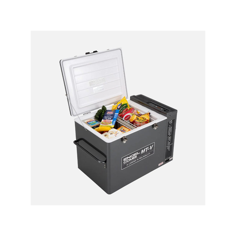 Silver | Engel 75L Combi Portable Fridge-Freezer Image Showing Angled View Lid Open, With Baskets In And Full Of Produce.