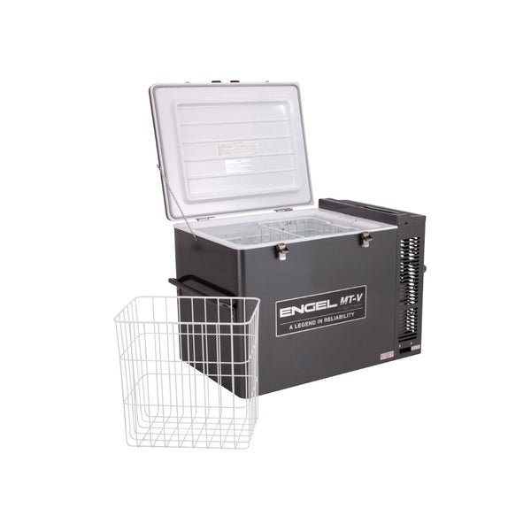 Gun Metal Gray | Engel 80L Portable Fridge - Freezer Image Showing Angled Side View , Lid Up And Basket Out Empty.