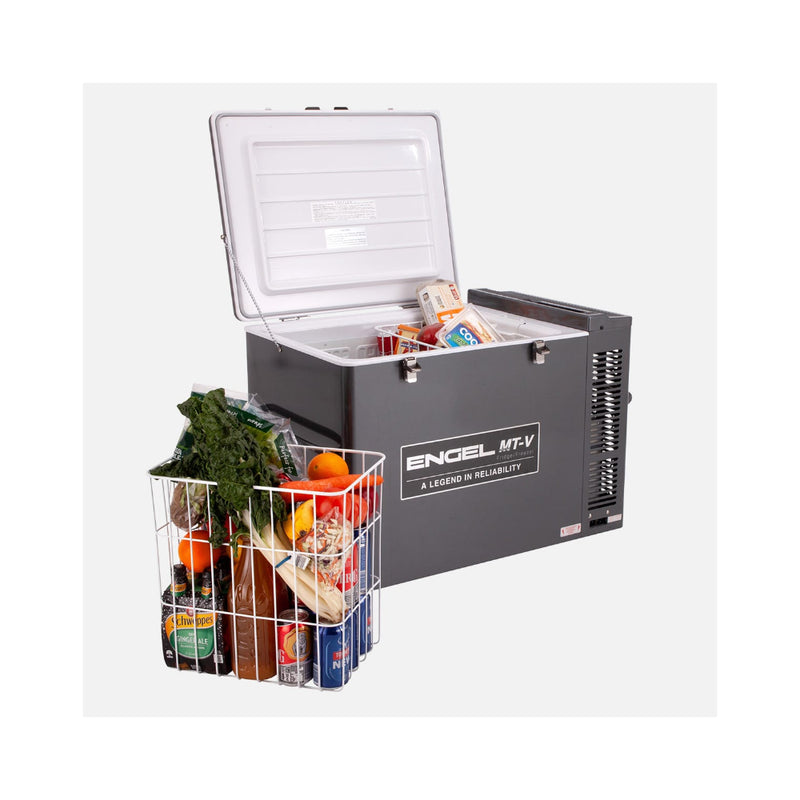 Gun Metal Gray | Engel 80L Portable Fridge - Freezer Image Showing Angled Side View lid Up, Basket Out And Full Of Produce.