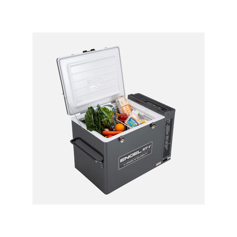 Gun Metal Gray | Engel 80L Portable Fridge Freezer Image Showing Angled Side View , Lid Open And Baskets Full Of Produce.
