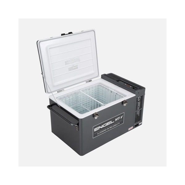 Gun Metal Gray | Engle 80L Portable Fridge - Freezer Image Showing Angled Side View With The Lid Up.